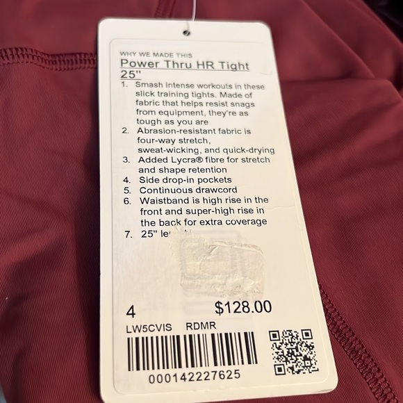 NWT Lululemon Power Thru HR Tight 25” Red Merlot. Retail $128. Size 4 - Picture 5 of 5